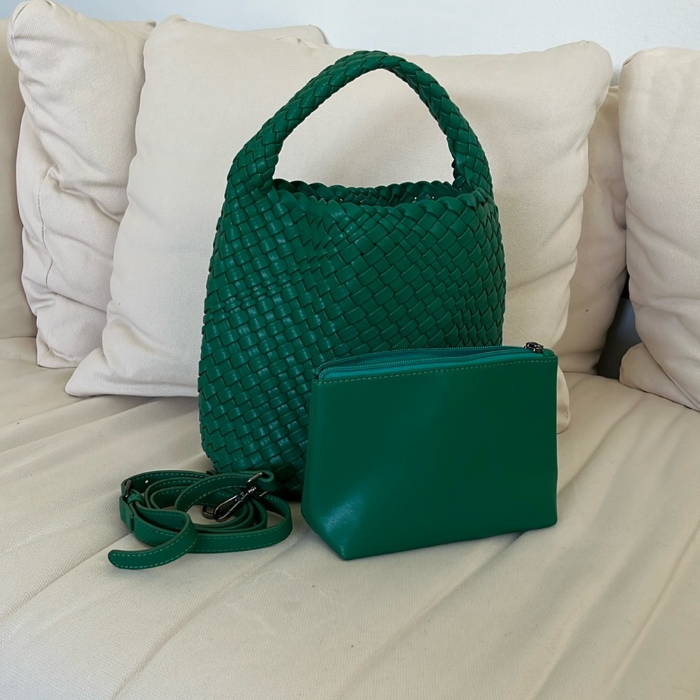 Green woven handle bag with matching pouch and crossbody strap